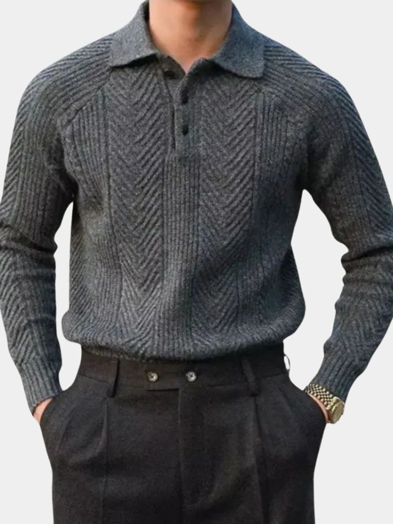 Long Sleeve Knitted Polo Sweater - Celerra