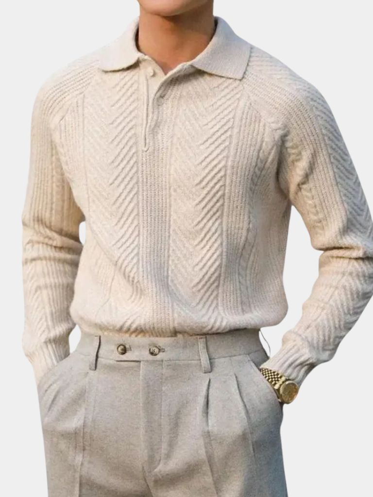 Long Sleeve Knitted Polo Sweater - Celerra