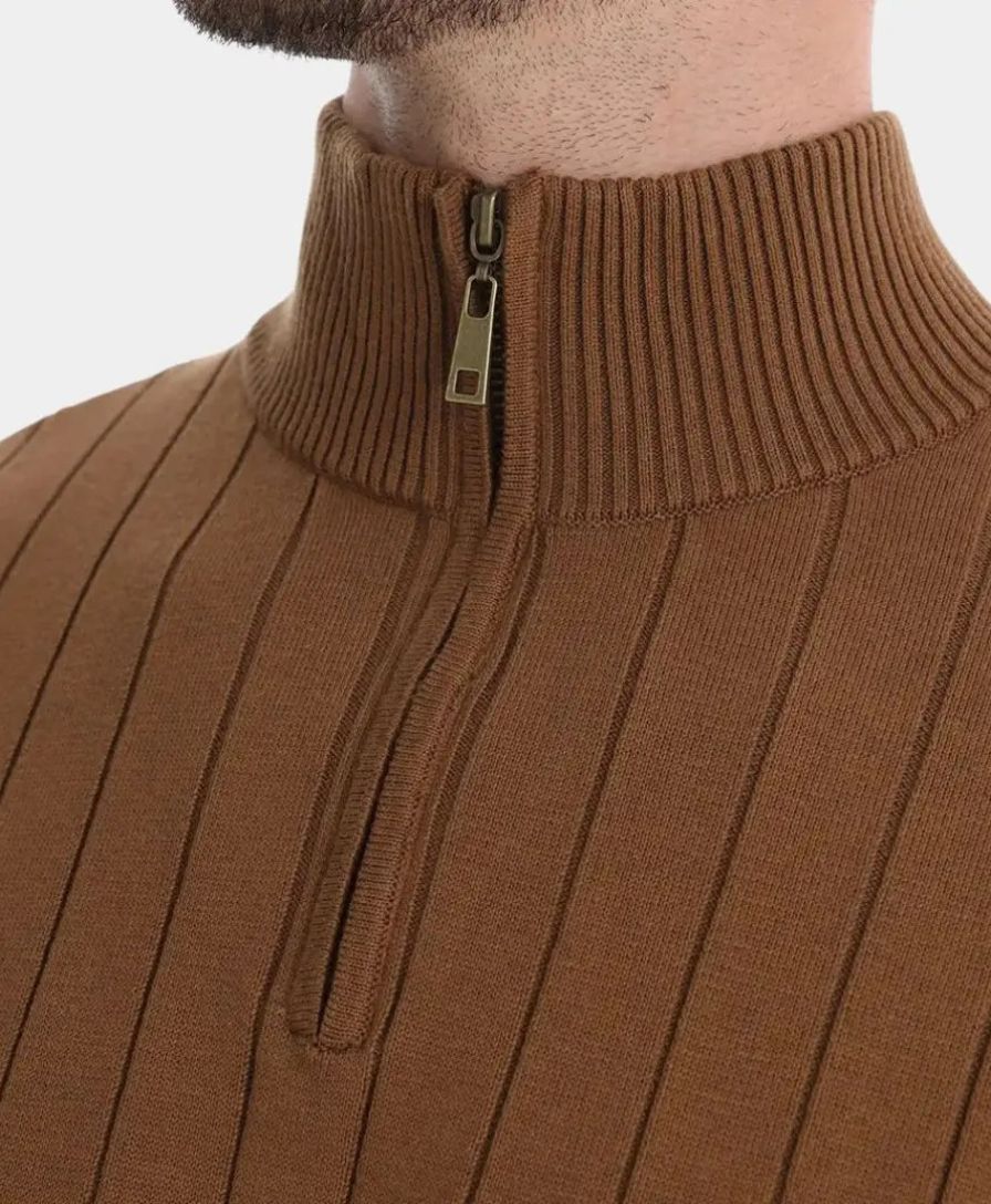 Cotton Knit Vertical Stripes Quarter-Zip Sweater - Celerra