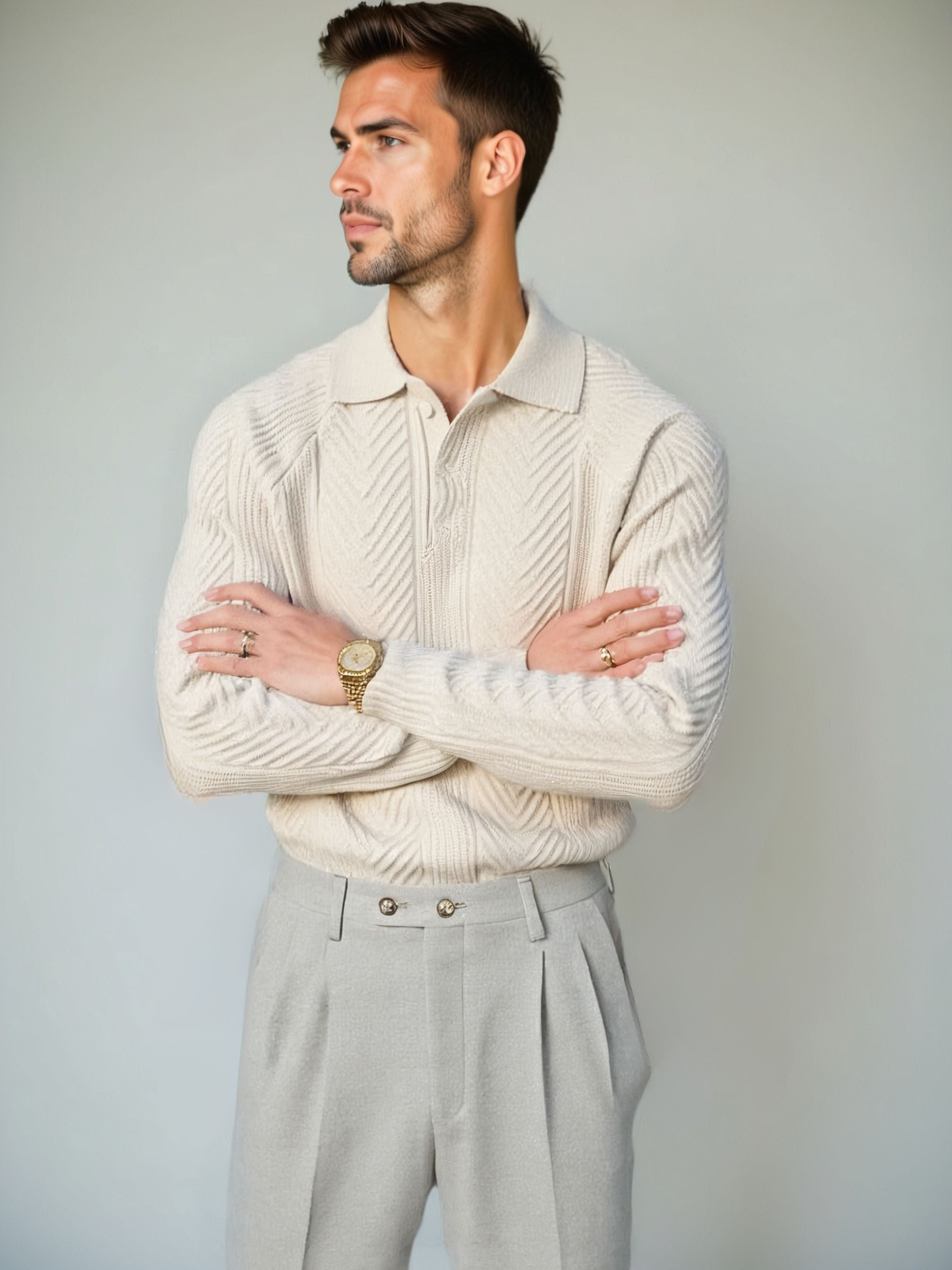 Long Sleeve Knitted Polo Sweater - Celerra