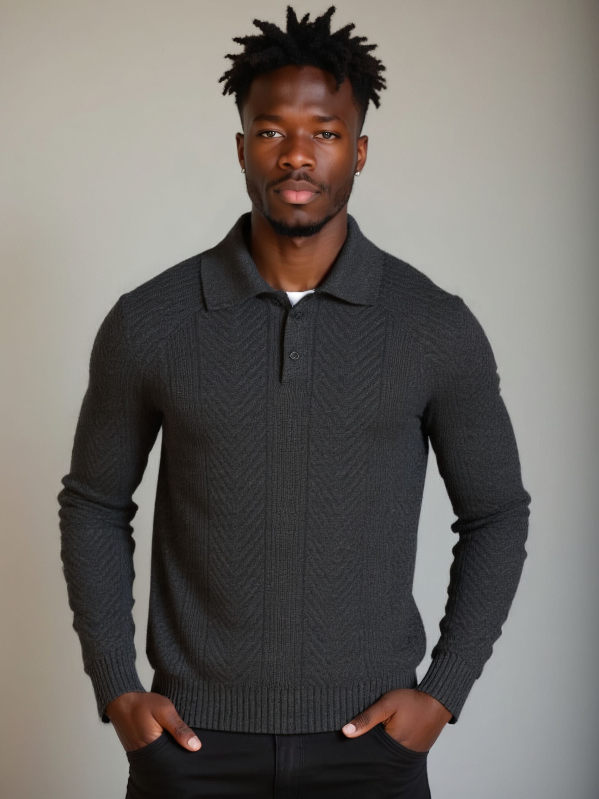 Long Sleeve Knitted Polo Sweater - Celerra