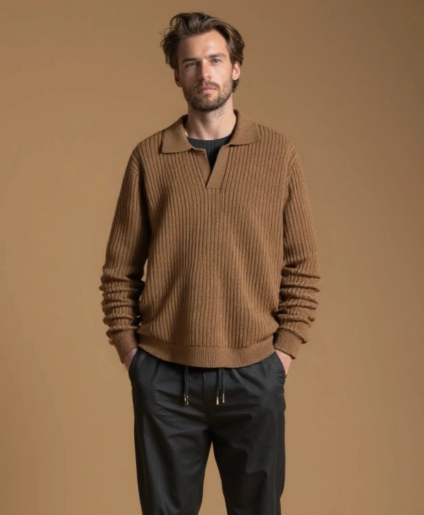 V-Neck Polo Sweater Ribbed - Celerra