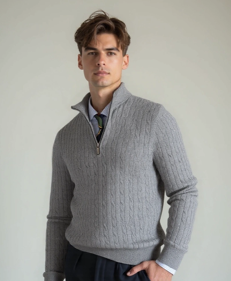 Cable-Knit Zip Neck Sweater - Celerra