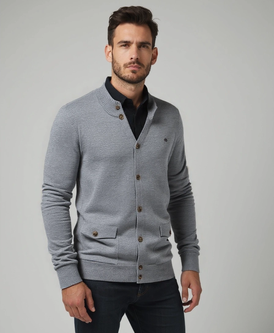 Knitted Stand Collar Cotton Cardigan - Celerra