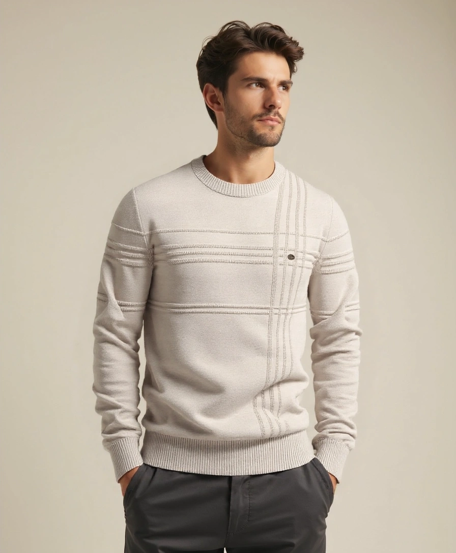 Cotton Knitted Stripped Crew Neck Pullover Sweater - Celerra