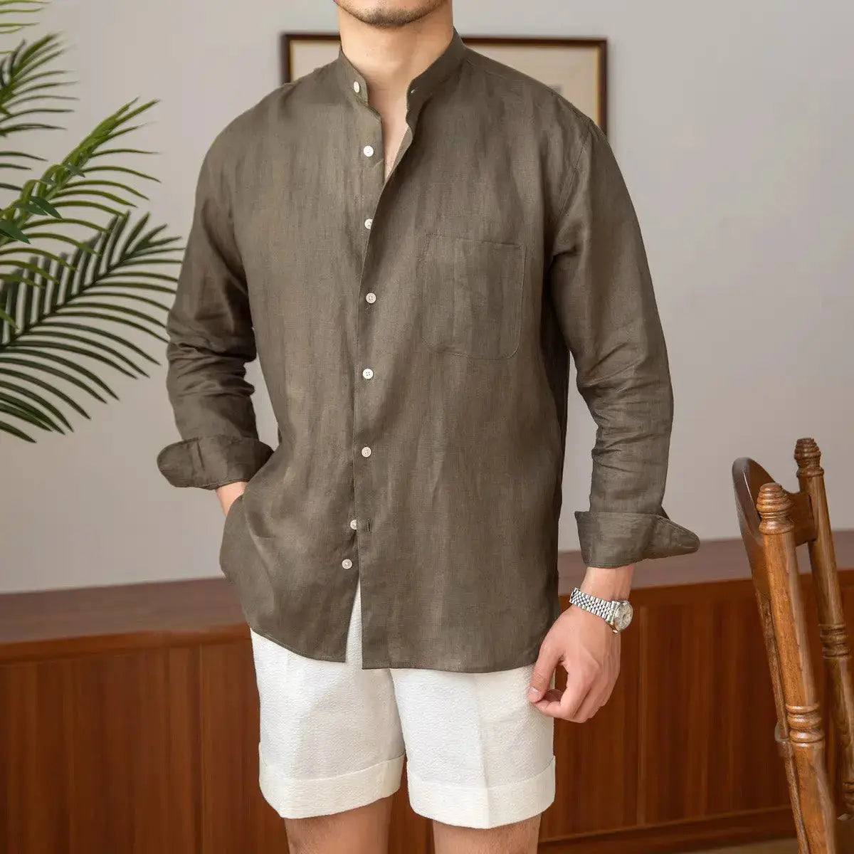 Mandarin Colar Linen Shirt - Celerra