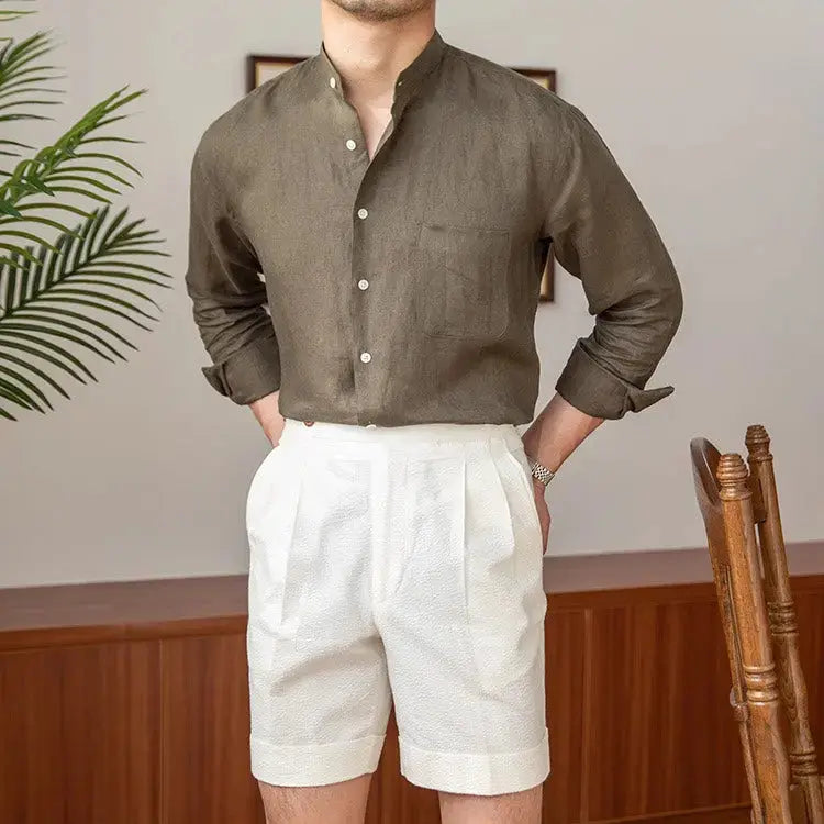 Mandarin Colar Linen Shirt - Celerra