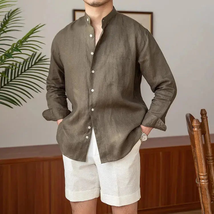 Mandarin Colar Linen Shirt - Celerra