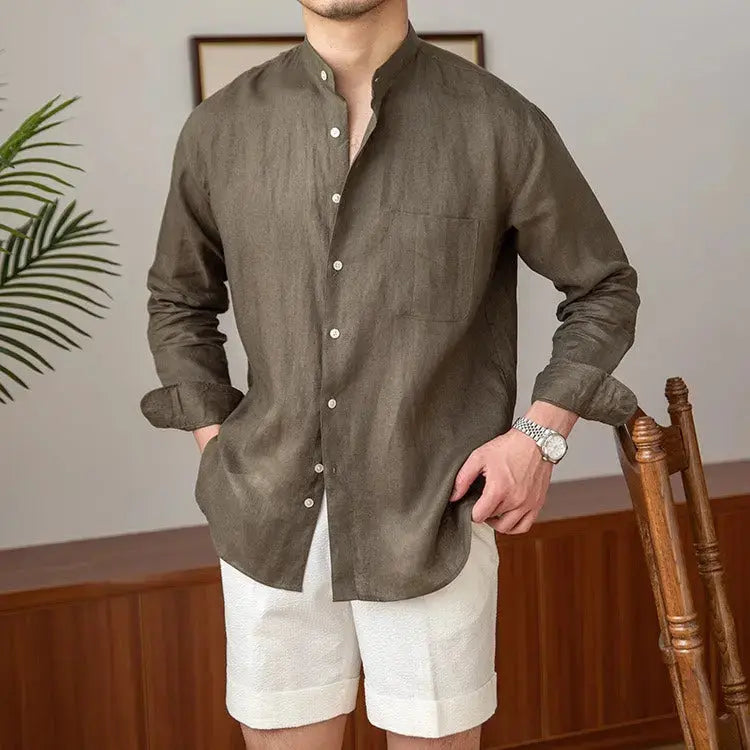 Mandarin Colar Linen Shirt - Celerra